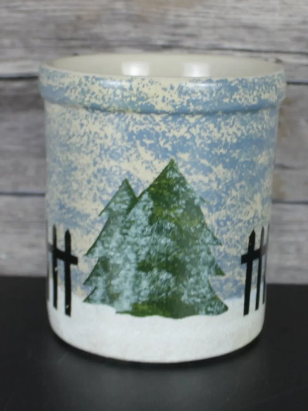 Vintage R.R.P. Co. Roseville Ohio Snowman Stenciled Stoneware Crock Jar 1994